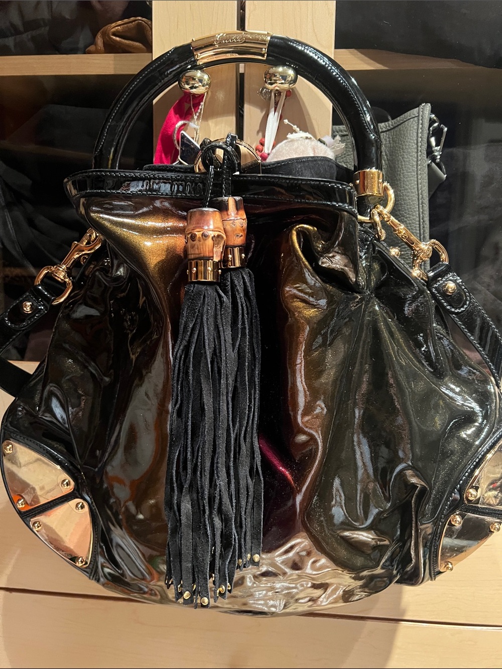 Gucci Black Patent Shoulder Bag with Tassel and Gold Hardware